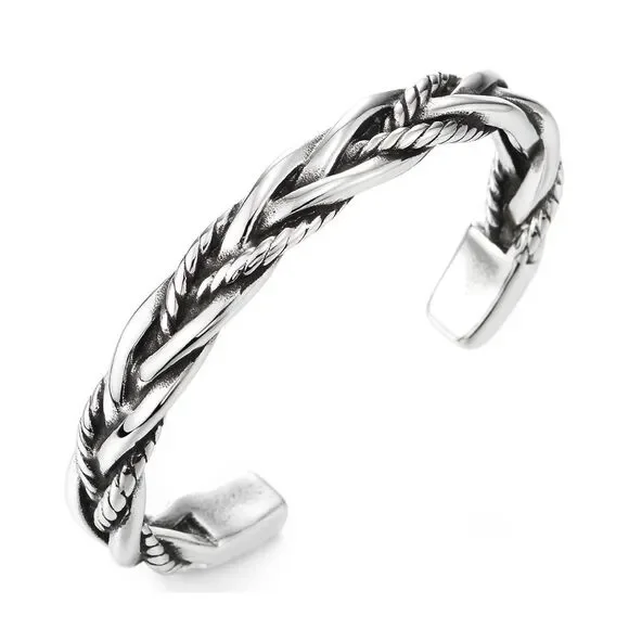 NEW Solid‎ Unisex Braided 925 Sterling Silver Cuff Bracelet, Adjustable 5.9cm - Picture 3 of 16